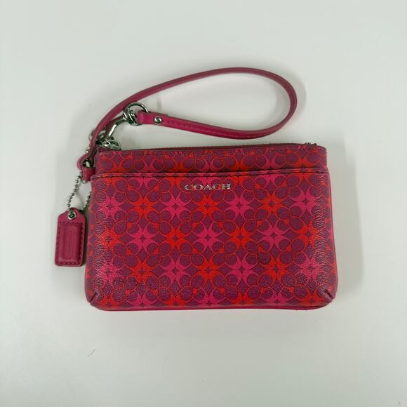 Coach Pink Red Signature Logo Wristlet Pouch 6x4 Zip Small Bag - Picture 1 of 4